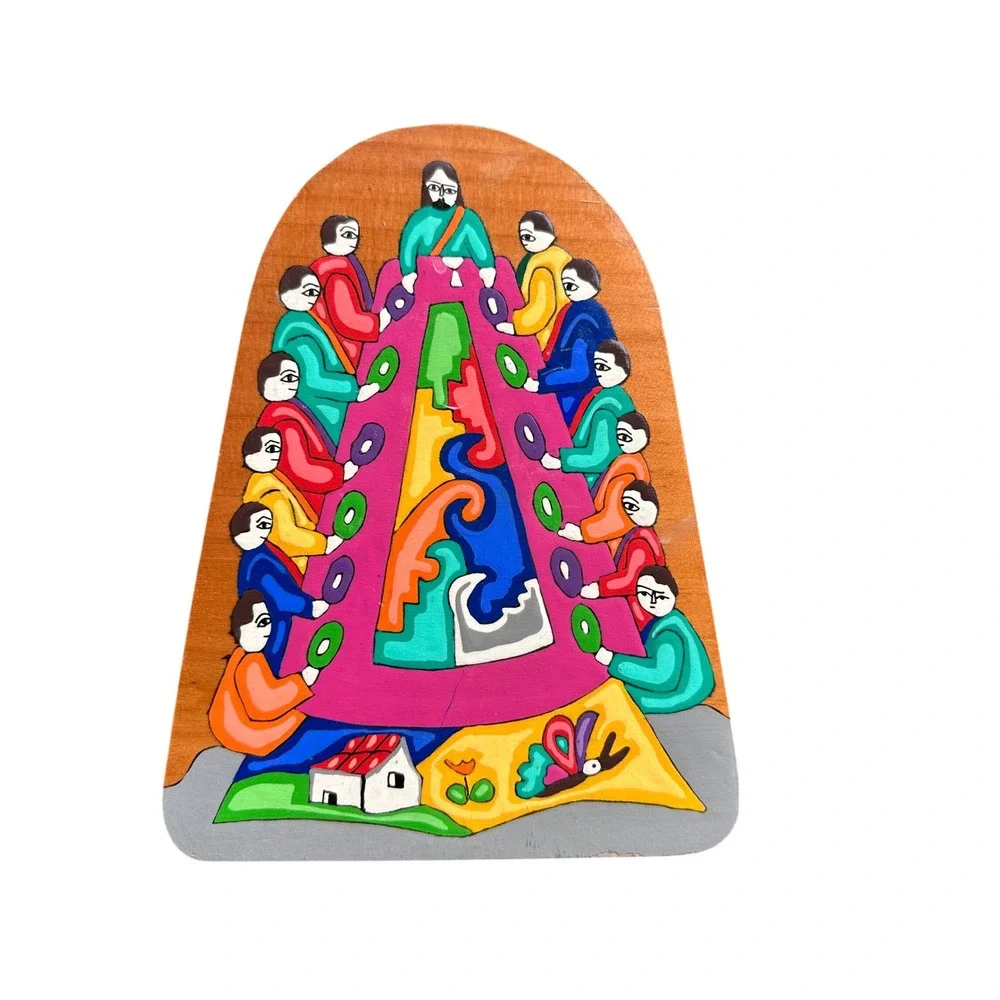 Vintage El Salvador Folk Art Wood Plaque Last Supper Hand Painted La Palma 2006